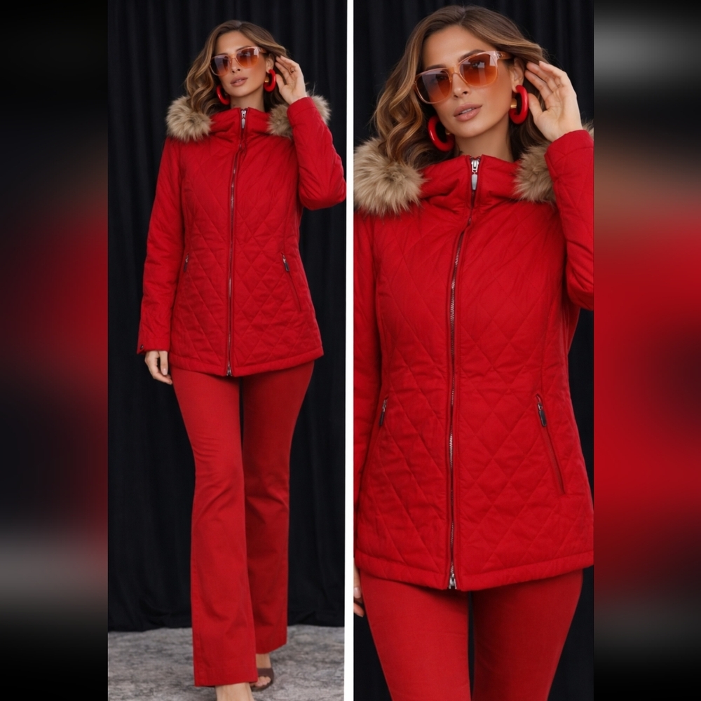 POST CARD Red Nylon Quilted Raccoon Fur Hoodie Trim Parka Size 6